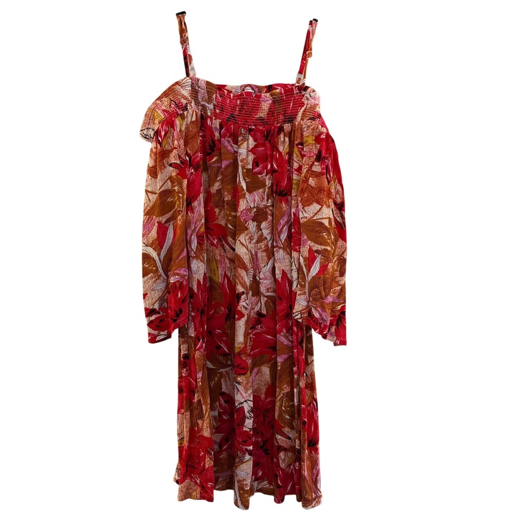 LASCANA Dress Womens M Red Floral Cold Shoulder Smocked Boho Peasant Romantic